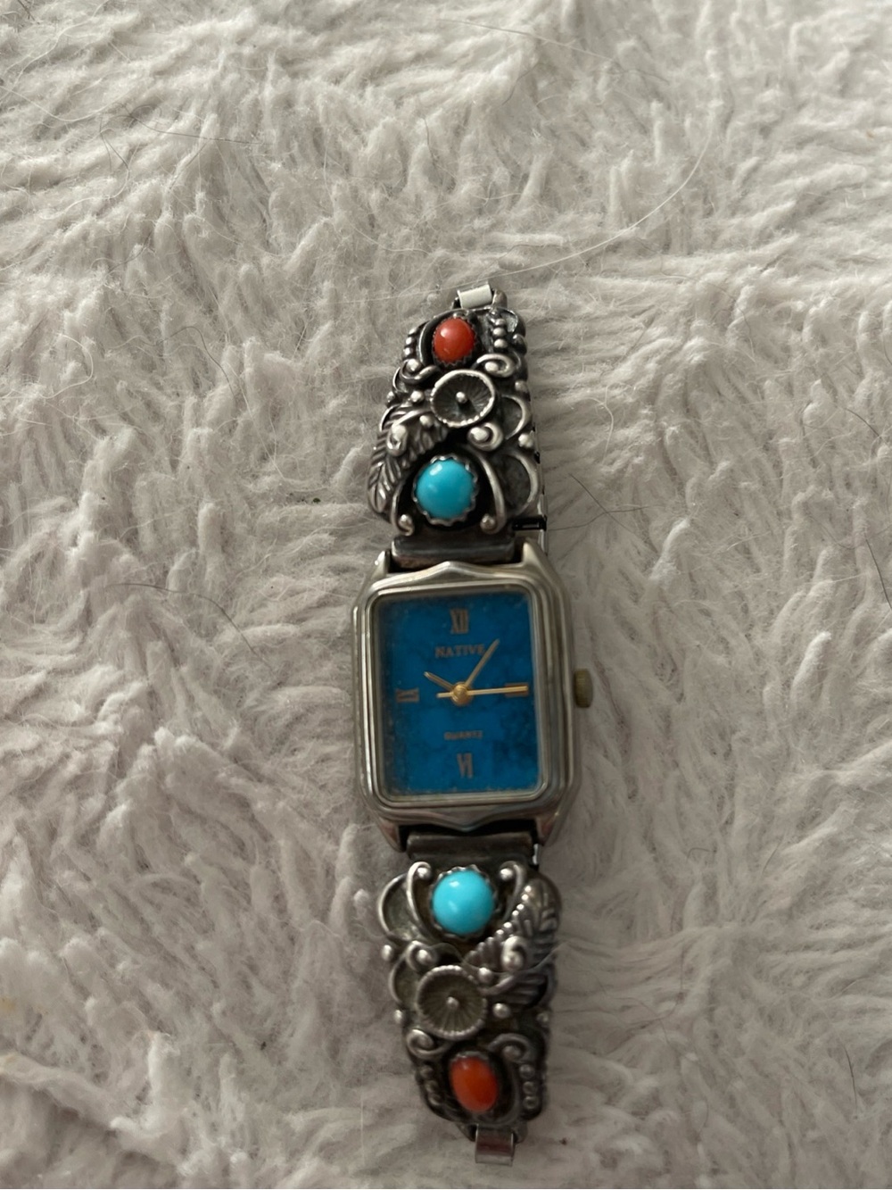 Native Turquoise & Coral Accent sterling silver Ladies Watch